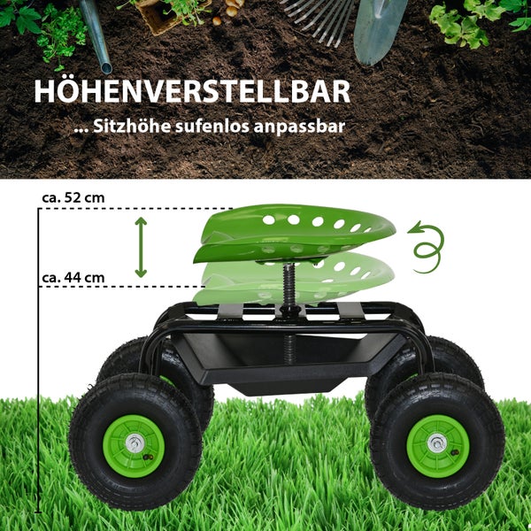 Höhenverstellbarer Gartenarbeitssitz mit Rollen und Sitzhöhenanpassung