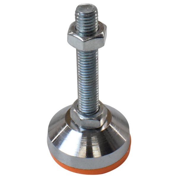 Verstellbarer Möbelfuß aus Metall mit Gewindestift, zwei Muttern und oranger Standfläche.