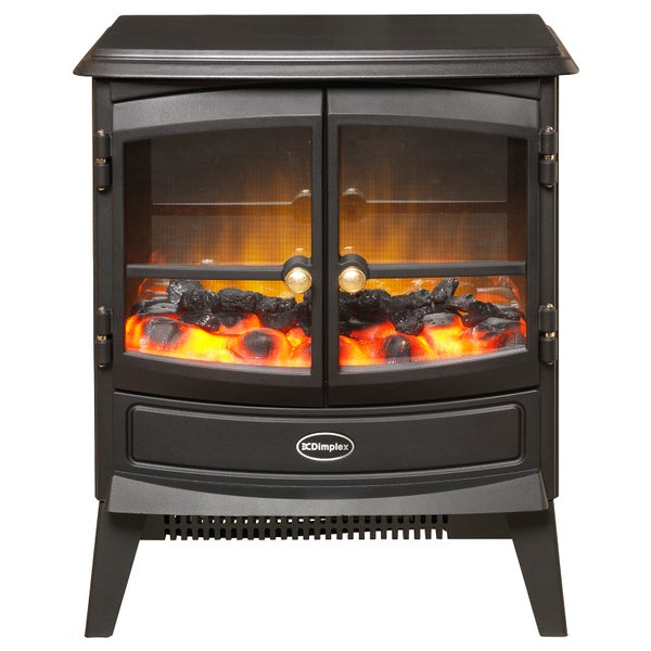 Schwarzer elektrischer Kaminofen von Dimplex mit zwei Türen und glühendem Kohle-Effekt.