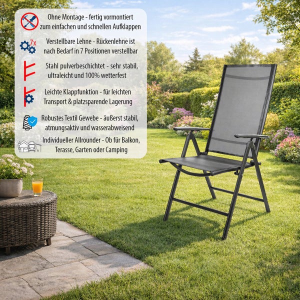 Klappstuhl mit siebenfach verstellbarer Rückenlehne aus pulverbeschichtetem Stahl und Textilgewebe für den Einsatz im Garten oder auf der Terrasse.