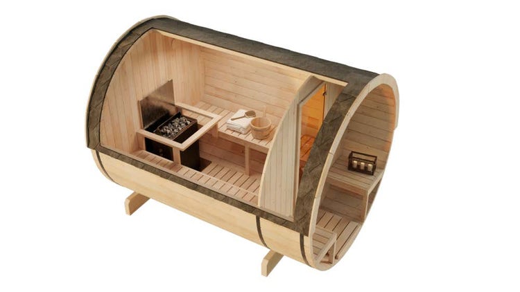 FinnTherm Fasssauna Carrie Fasssauna 2 Sitzbänke aus Holz, Sauna mit 42 mm Wandstärke, Außensauna mit Montagematerial, Naturbelassen