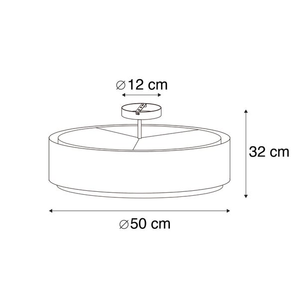 Skizze einer Deckenleuchte mit Maßen: Durchmesser 50 Zentimeter, Höhe 32 Zentimeter und Baldachin-Durchmesser 12 Zentimeter.