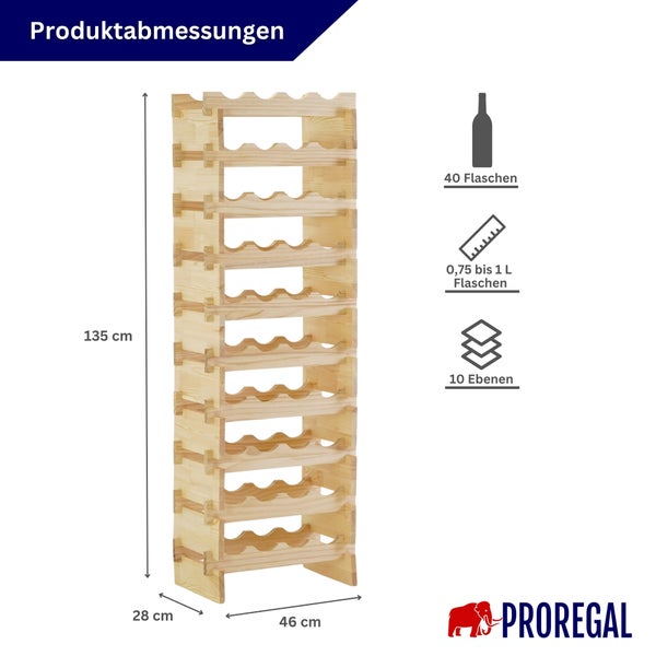 Weinregal aus Holz von Proregal mit Maßen: Höhe 135 Zentimeter, Breite 46 Zentimeter, Tiefe 28 Zentimeter. Platz für 40 Flaschen auf 10 Ebenen.