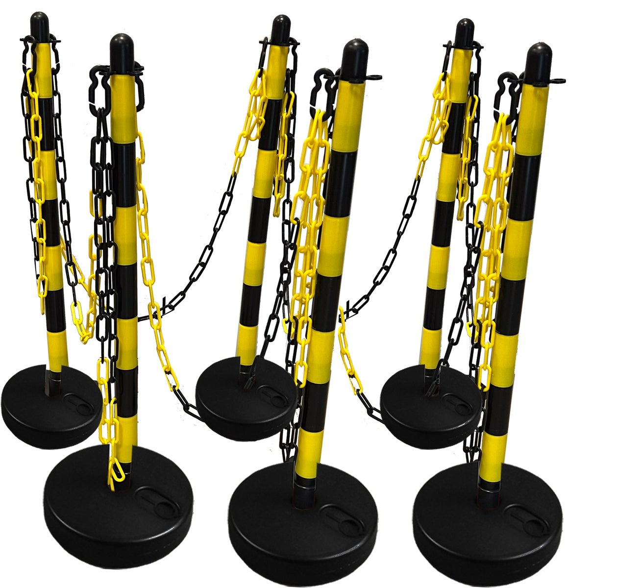 UvV GIALLI Lager Kettenpfosten Set + 6mm Kunststoffkette gelb/schwarz / 6 Pfosten + 12.5 m Kette / Befüllbar (rund)