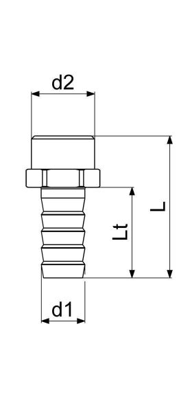 Technische Zeichnung eines Schlauchanschlussstücks mit Maßangaben für Durchmesser und Länge.
