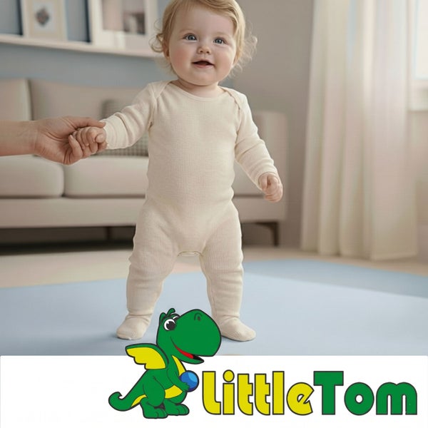 Kleinkind steht auf einer Spielmatte im Wohnzimmer, von einer Hand gehalten, LittleTom Logo.