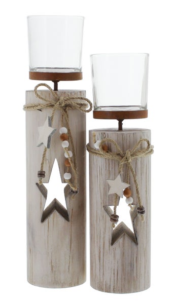 Windlichter-Set mit Holzsockel und Stern-Motiv für dekorative Beleuchtung