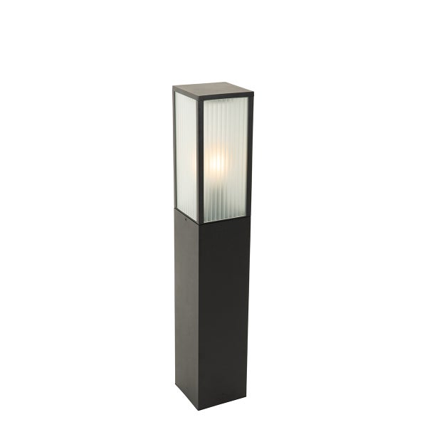 Sockelleuchte für den Außenbereich, rechteckige Säulenform mit geriffeltem Glas und Metallgehäuse.
