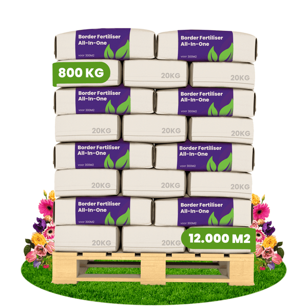 Palette mit 800 Kilogramm All-In-One Grenzdünger, 40 Säcke zu je 20 Kilogramm, Reichweite 12.000 Quadratmeter.