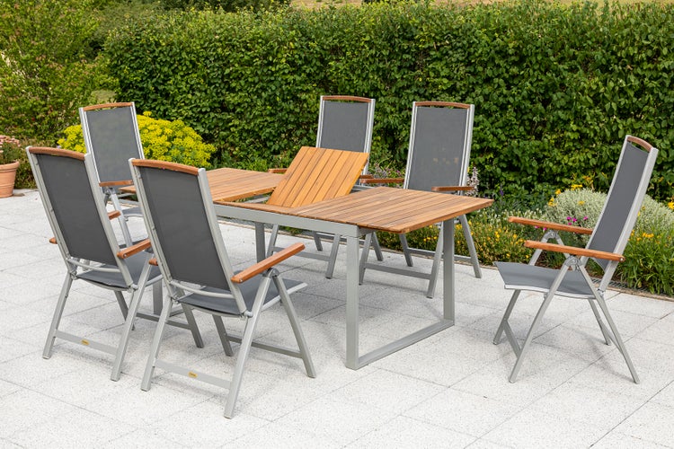 Siena Gartenmöbelset 7tlg., Klappsessel, Ausziehtisch 150 (200) x 90 cm, silber/schwarz