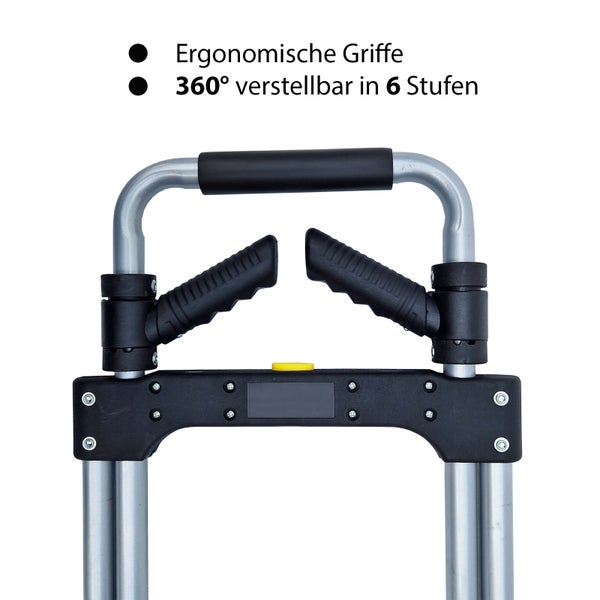 Detailansicht der ergonomischen, um 360 Grad verstellbaren Griffe einer Sackkarre mit sechs Stufen.