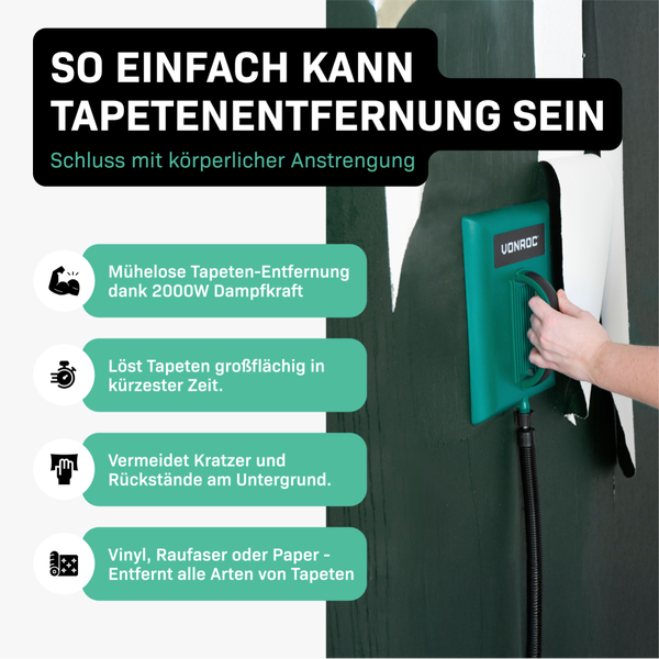 VONROC Dampftapetenablöser zum Tapeten entfernen [2000W] - Tapetenablöser mit Dampf [75 Minuten Arbeitszeit] - Tapetenlöser Dampfgerät 3,5m Schlauch und 3,5l Wassertank