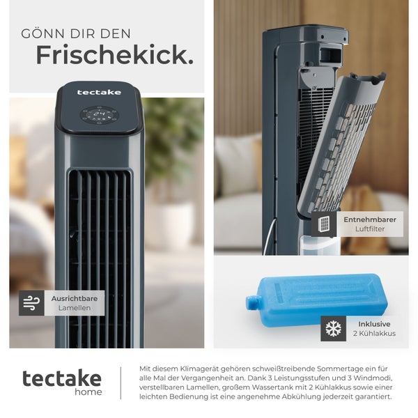 tectake mobiles Klimagerät mit ausrichtbaren Lamellen, entnehmbarem Luftfilter und zwei mitgelieferten Kühlakkus.