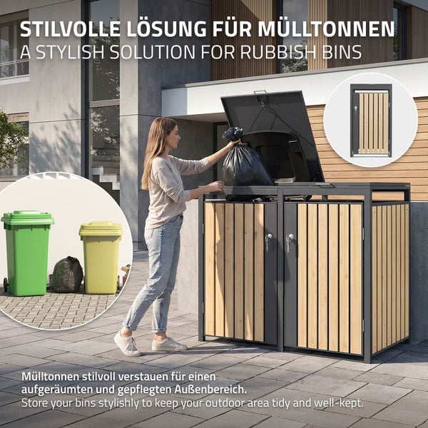 Mülltonnenbox für zwei Tonnen aus Metall mit Holzverkleidung, eine Frau befüllt die Box, im Außenbereich vor einem modernen Haus.