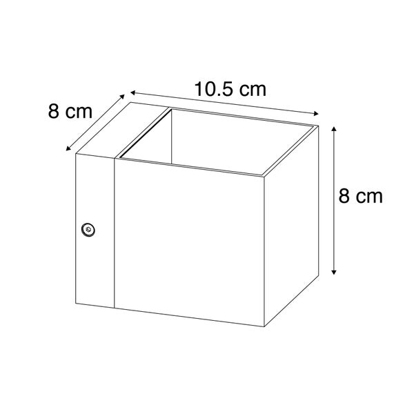 Illustration einer würfelförmigen Wandleuchte mit den Maßen 10,5 mal 8 mal 8 Zentimeter