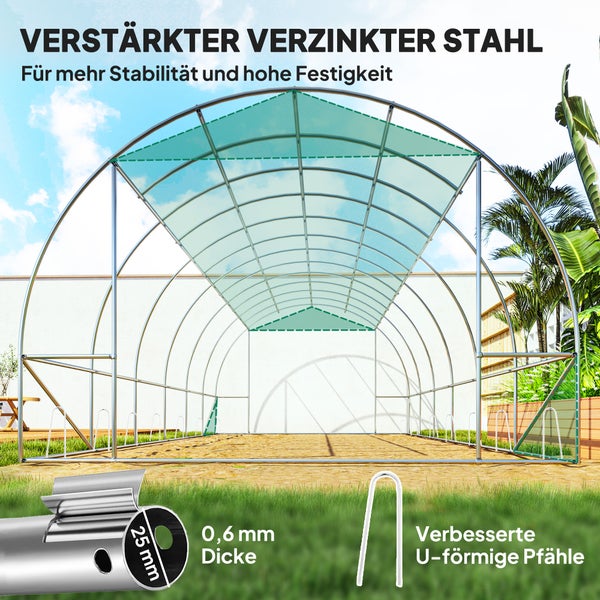 Outsunny Gewächshaus Foliengewächshaus mit 12 Fenster, Rolltür, Aufrollbar Seitenwänden, UV-beständiger Folientunnel, Winterfest Tomatenhaus mit Erdanker, Grün