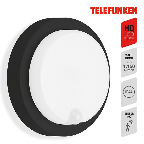 LED Außenwandleuchten Bewegungssensor IP44 Ø17cm 12W schwarz Telefunken