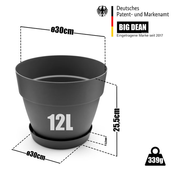 BigDean 3 Stück Blumentopf mit Untersetzer rund ø30 cm in Anthrazit – Übertopf innen + außen geeignet – aus bruchsicherem Kunststoff & Made in Europe