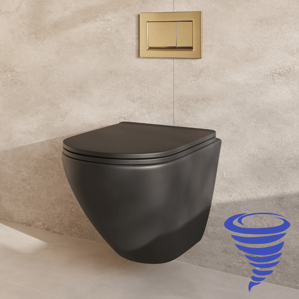 Wandhänge-WC in mattem Finish mit passendem Toilettensitz und einer Betätigungsplatte mit Spül-Stopp-Funktion vor einer gefliesten Wand.