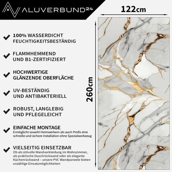 PVC Wandpaneel mit Marmoroptik und Goldadern 122 mal 260 Zentimeter inklusive Produktmerkmalen und Aluverbund24 Logo