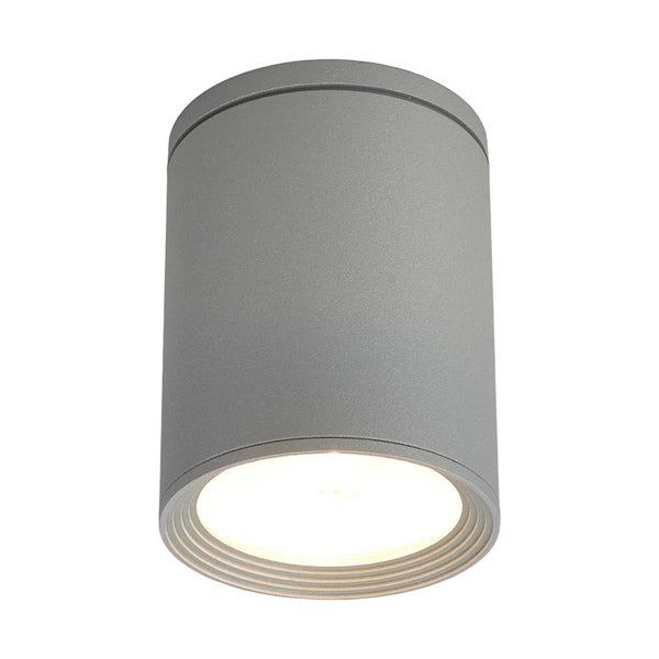 Zylinderförmige Deckenaufbauleuchte in Grau mit warmem Lichtstrahl.