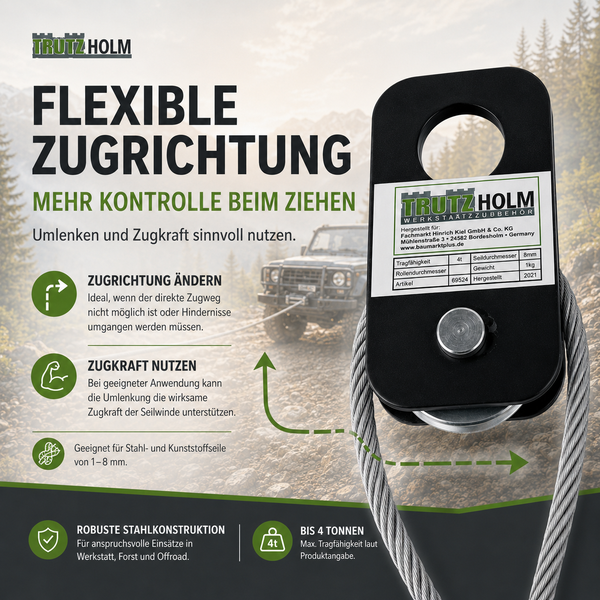 Trutzholm Umlenkrolle mit Stahlseil für Offroad Windenanwendungen mit 4 Tonnen Tragkraft und robuster Konstruktion für flexible Zugrichtungen.