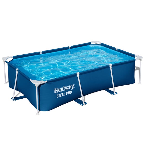 Bestway Steel Pro rechteckiger Frame Pool mit blauem Becken und weißem Metallrahmen.