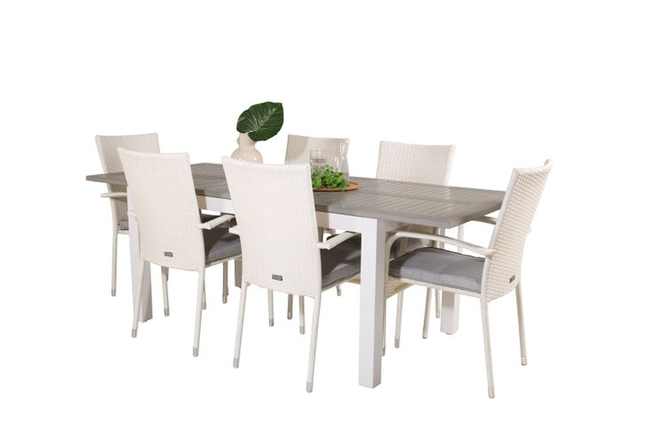 Albany Gartenset Tisch 90x152/210cm und 6 Stühle Anna weiß, grau, cremefarben.