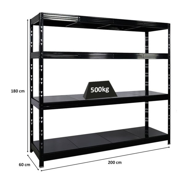 PROREGAL Profi Schwerlastregal Rhino HxBxT 180x200x60cm 4 Stahlplatten-Ebenen Fachlast 500kg Schwarz Stecksystem Lagerregal Regalsystem