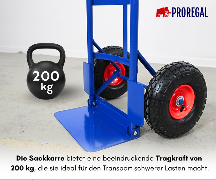 Sackkarre aus Metall mit Luftreifen und einer Tragkraft von 200 Kilogramm. ProRegal Logo.