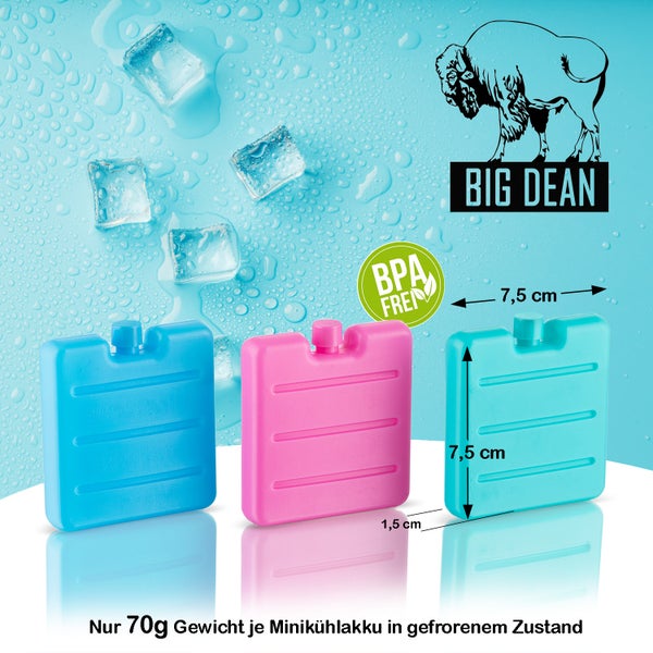 Drei Kühlakkus in Blau, Rosa und Türkis mit den Maßen 7,5 x 7,5 x 1,5 cm. BPA frei.