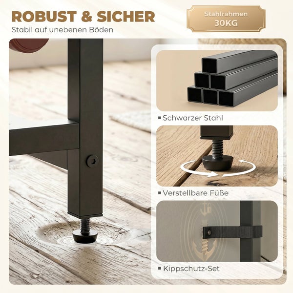 Möbeldetails mit Stahlrahmen bis 30 Kilogramm, schwarzen Stahlrohren, höhenverstellbaren Füßen für unebene Böden und einem Kippschutz-Set.