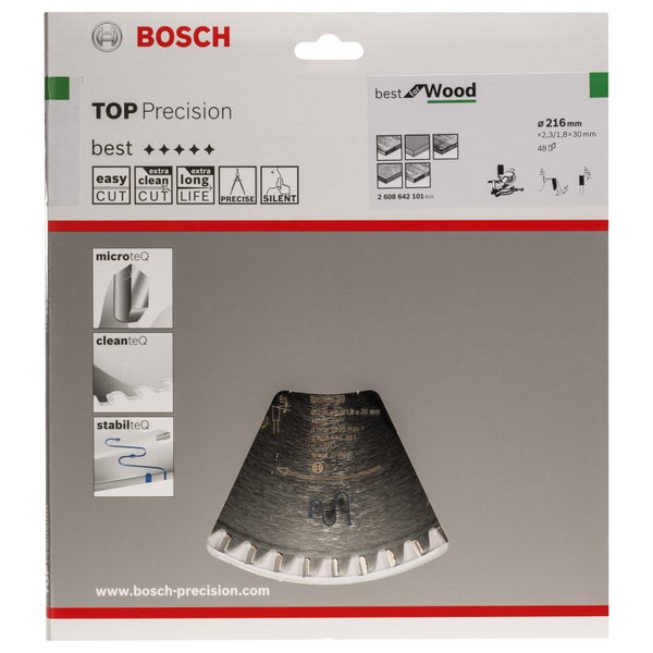 Bosch Logo Kreissägeblatt Top Precision Best für Holz, Durchmesser 216 Millimeter