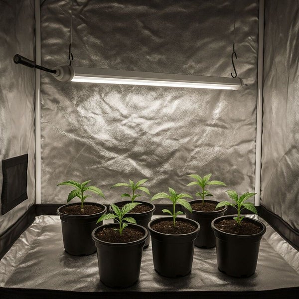 LED Pflanzenlampe über jungen grünen Pflanzen in schwarzen Töpfen in einem reflektierenden Growzelt.