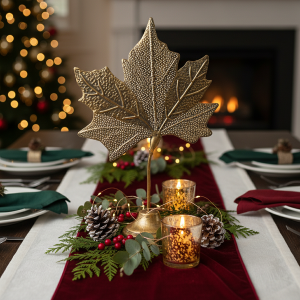 Festliche Tischdekoration mit einem goldfarbenen Ahornblatt aus Metall auf einem Ständer, Tannenzapfen, Zedernzweigen und brennenden Kerzen.