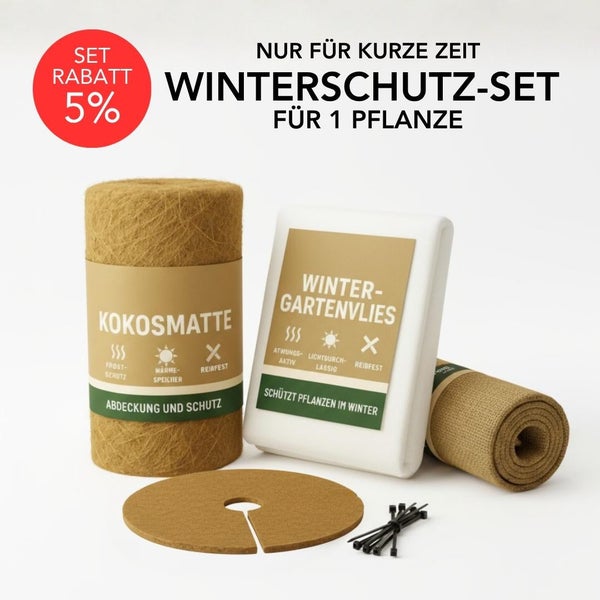 Winterschutzset für Pflanzen bestehend aus Kokosmatte, Wintergartenvlies, Kokosfaserabdeckung und Kabelbindern.