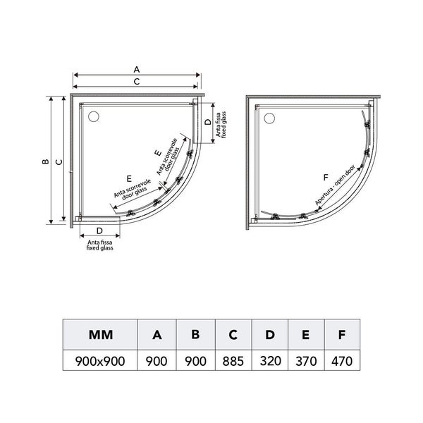 Maßzeichnung einer Viertelkreis-Duschkabine 900 mal 900 Millimeter mit Details zu festen Glaselementen und Schiebetüren.