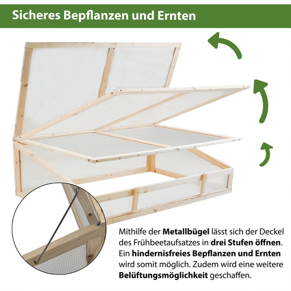Frühbeetaufsatz aus Holz 120x80cm Gewächshaus für Hochbeet natur