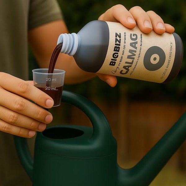 Biobizz Calmag Pflanzendünger wird aus einer Flasche in einen Messbecher über einer Gießkanne gegossen.