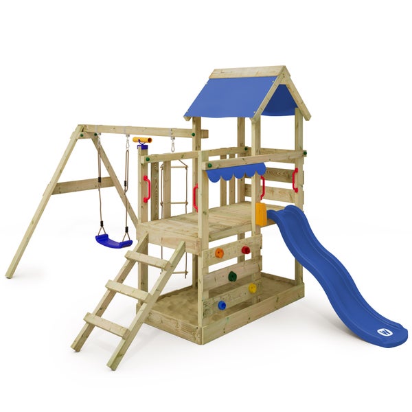 WICKEY Spielturm Klettergerüst TurboFlyer mit Schaukel und Rutsche, Kletterturm mit Sandkasten, Leiter und Spiel-Zubehör - blau