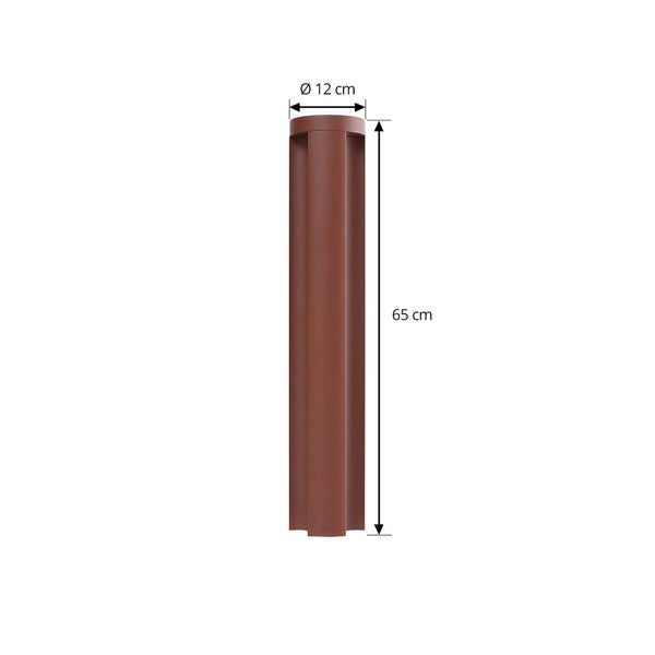Außenstandleuchte in Rostoptik mit einem Durchmesser von 12 Zentimeter und einer Höhe von 65 Zentimeter.
