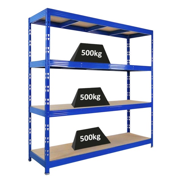Blaues Schwerlastregal mit 4 Böden und einer Traglast von 500 Kilogramm pro Boden.