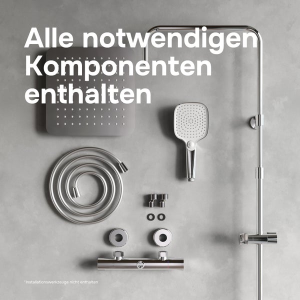 Duschsystem mit Kopfbrause, Handbrause, Brauseschlauch, Thermostatarmatur, Duschstange und Montagezubehör in einer übersichtlichen Anordnung.