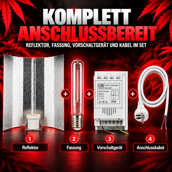 Set bestehend aus Reflektor, Leuchtmittel, elektronischem Vorschaltgerät und Stromkabel für Pflanzenbeleuchtung.
