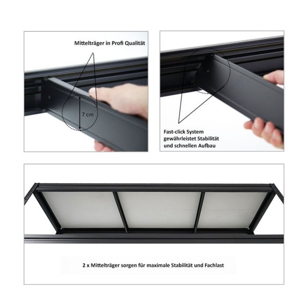 Detailansichten von Mittelträgern, die Stabilität gewährleisten und einen schnellen Aufbau durch ein Fast-Click-System ermöglichen.