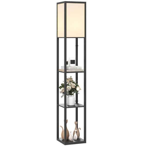 Stehleuchte mit drei Regalböden, schwarzer Rahmen, rechteckiger Stoffschirm, modernes Design.