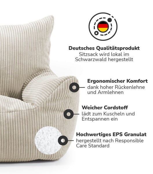 mokebo Kindersessel aus Cord 'Der Pausenheld', Sitzsack Kinder, Kindersitzsack in Beige