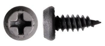 Eine Blechschraube mit Linsenkopf und Kreuzschlitz aus Metall in Seitenansicht und Draufsicht