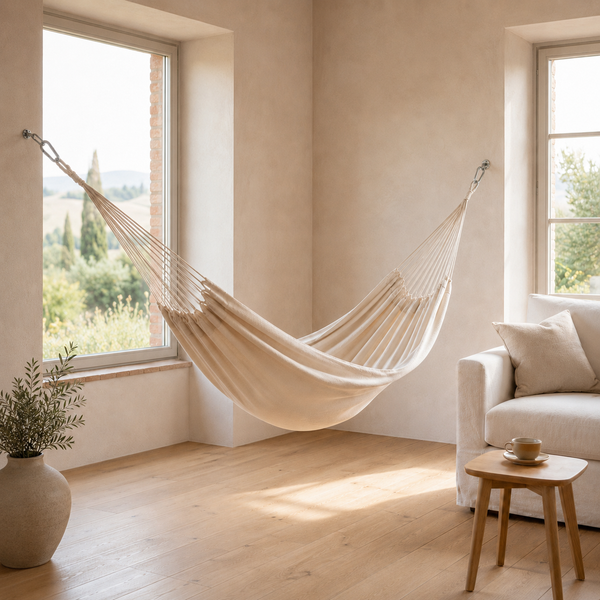 Hängematte aus Stoff für die Wandmontage im Innenbereich, in einem hellen, minimalistischen Raum mit Holzboden und Fenstern.