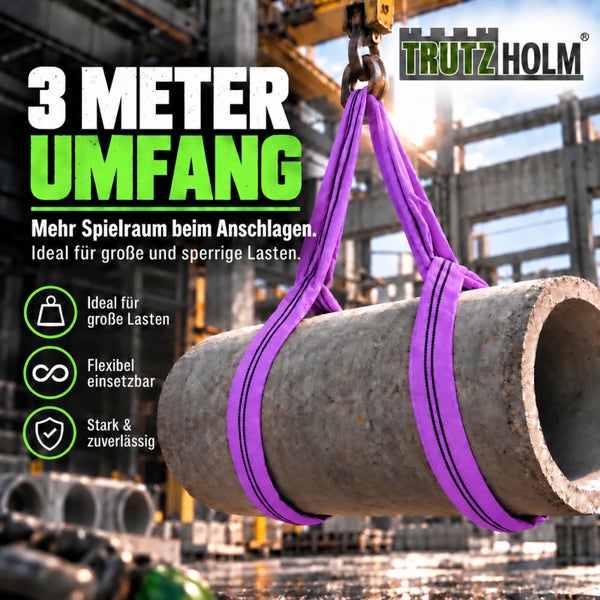 Trutz Holm Rundschlinge mit 3 Meter Umfang zum Heben einer Betonrohrlast mit einem Kran auf einer Baustelle.
